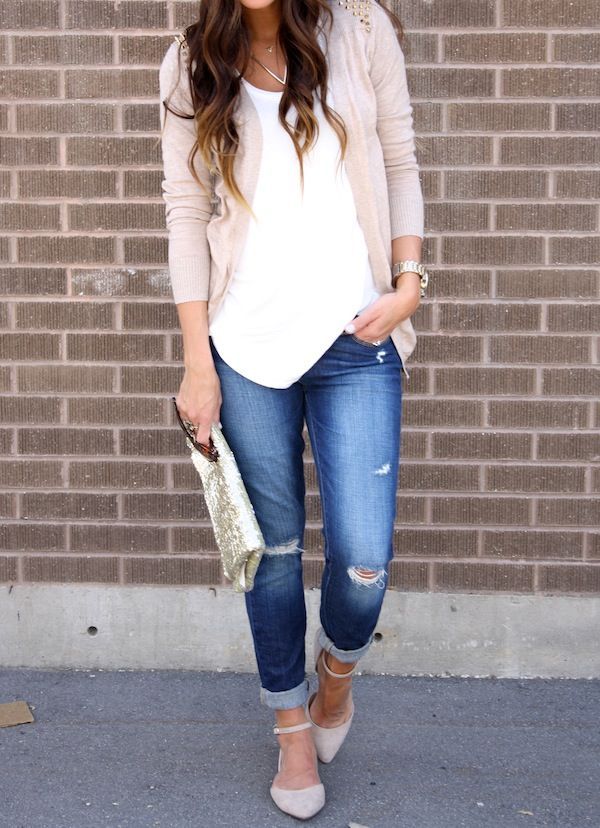 cardigan distressed jeans and clutch